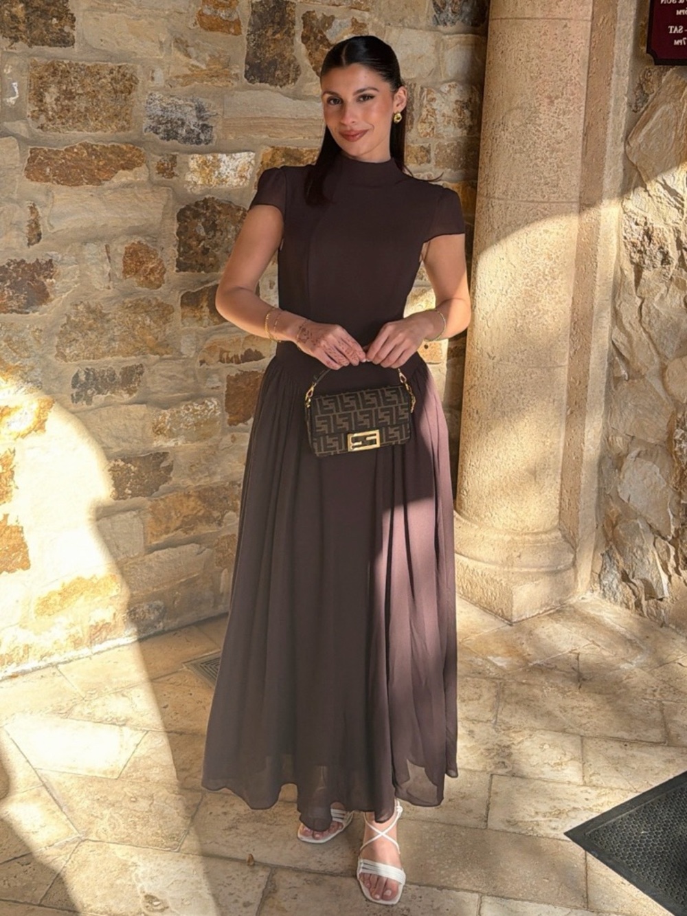 Elegant Brown Midi Dress with Cap Sleeves